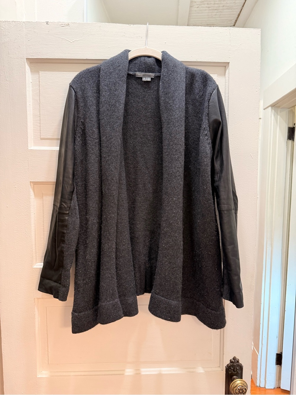 Vince Charcoal Knit Open-Front Cardigan with Black Leather Sleeves